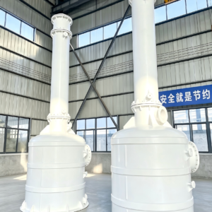 Industrial falling film absorber system with integrated recirculation tank for acid gas treatment