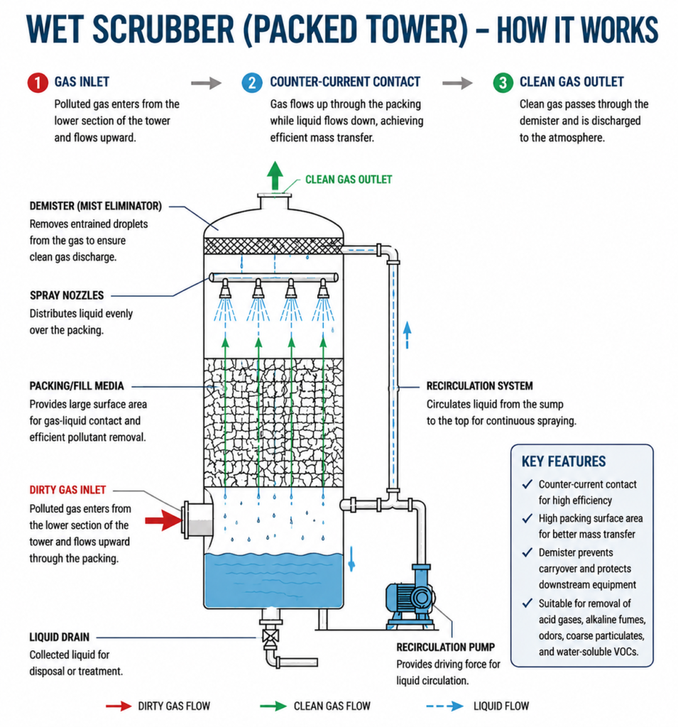 Counter-current packed bed wet scrubber working principle diagram for industrial acid and alkaline exhaust treatment