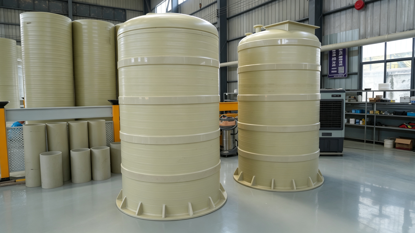 PP/PPH vertical storage tank for bulk storage of non-oxidizing acids and alkalis. Welded polypropylene, corrosion-resistant, custom volume