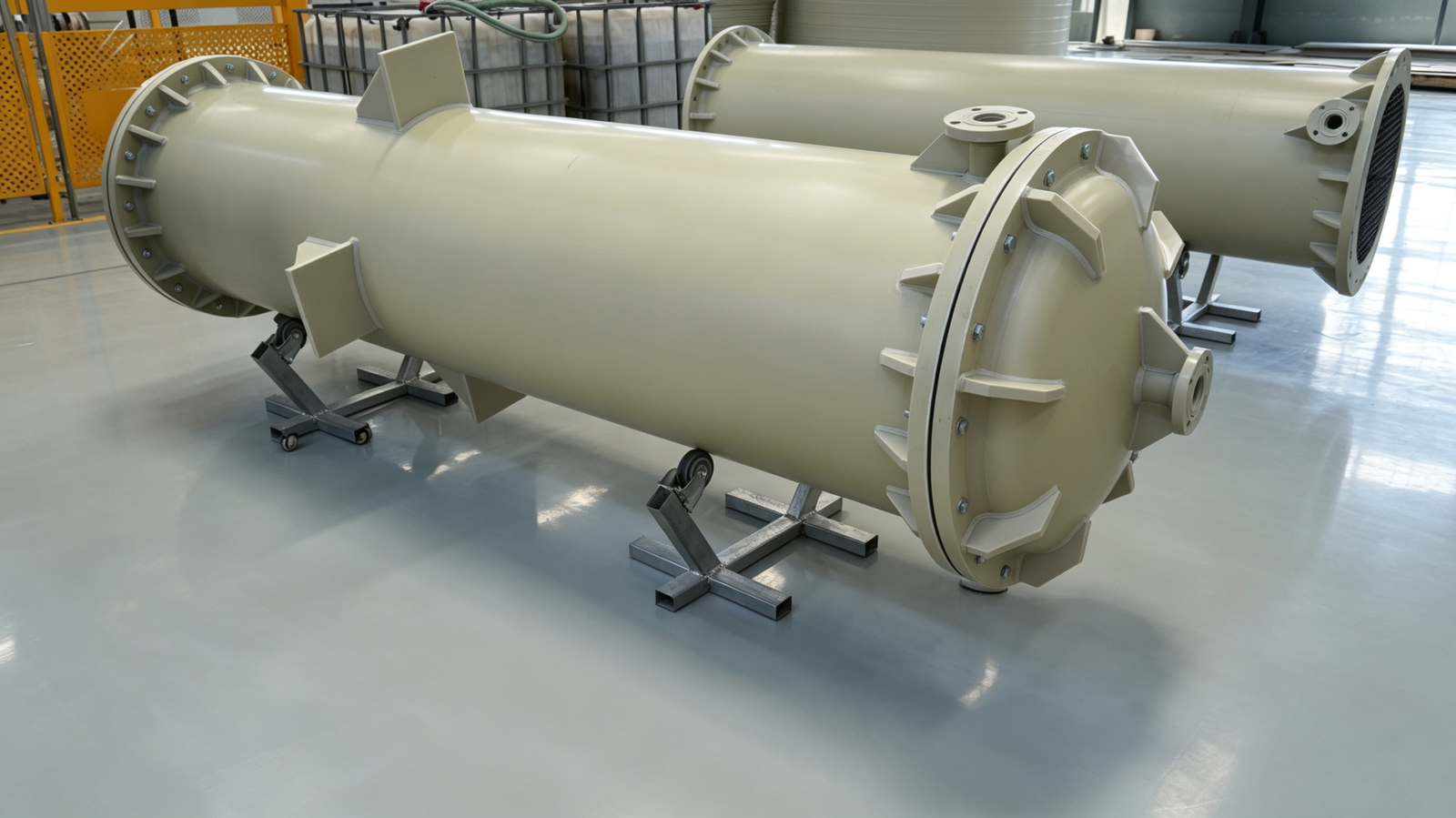 PP/PPH shell and tube heat exchangers for non-oxidizing acid and alkali duties. Lightweight, corrosion-resistant and cost-effective for HCl, dilute sulfuric and similar services.