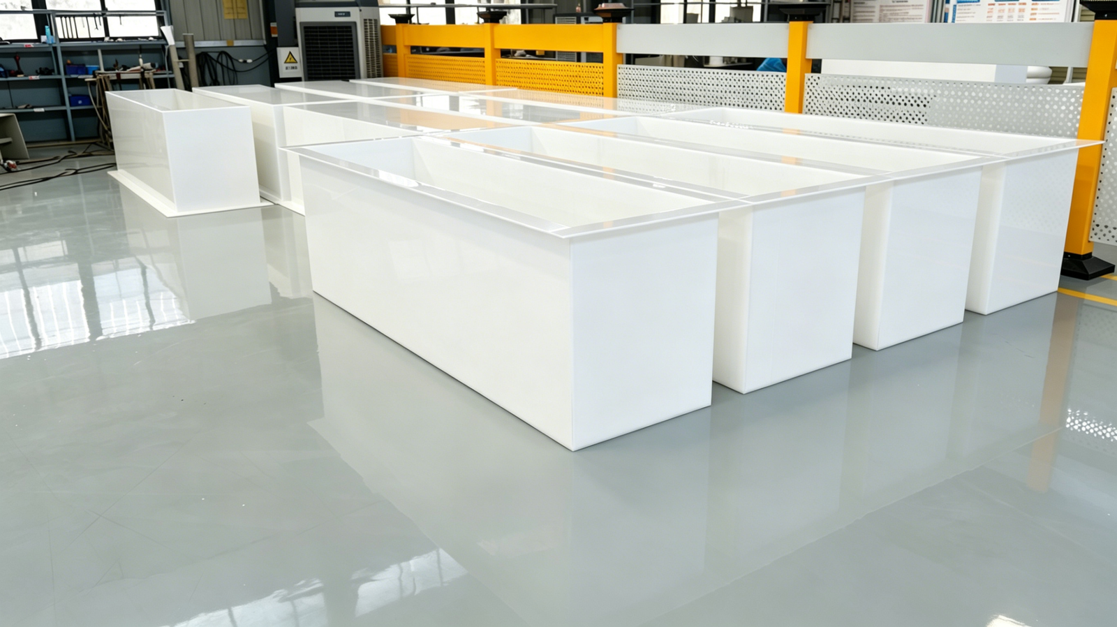 PP/PPH plating tank for electroplating lines — welded polypropylene shell, acid/alkali resistant, with fume lip, heating and filtration interfaces. Custom-built.