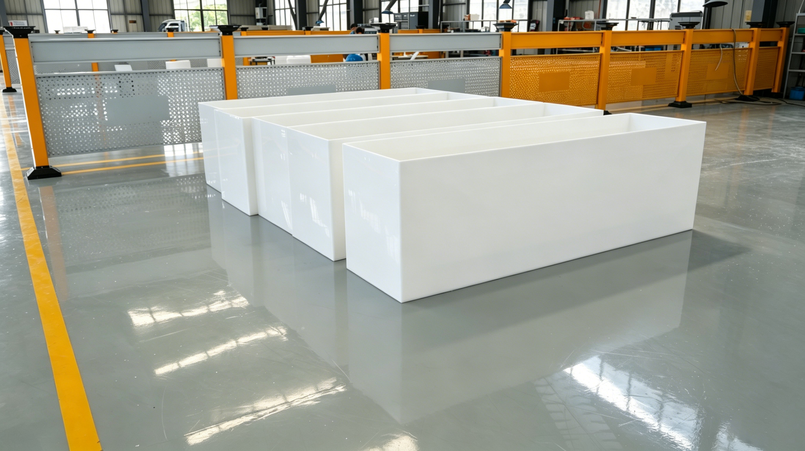 PP/PPH plating tank for electroplating lines — welded polypropylene shell, acid/alkali resistant, with fume lip, heating and filtration interfaces. Custom-built.